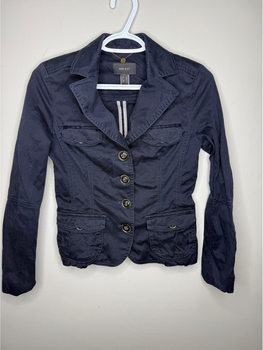 MNG Suit Navy Blue Cotton Utility Military Blazer Jacket Women's Size 4